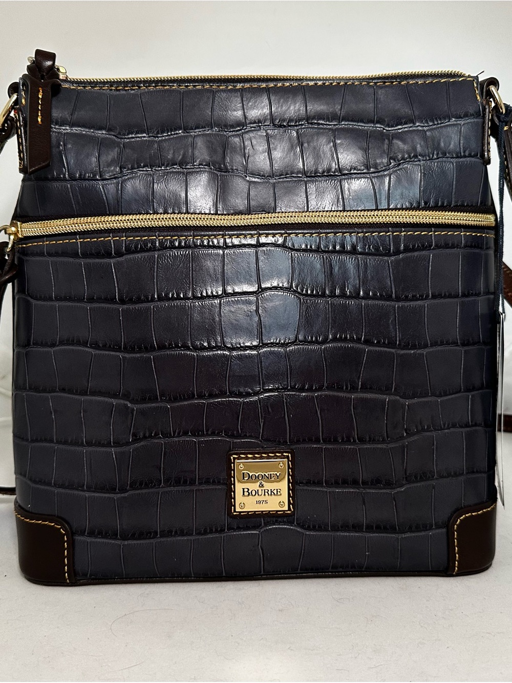 Dooney & Bourke Black Croc-Embossed Leather Messenger Bag with Gold Hardware